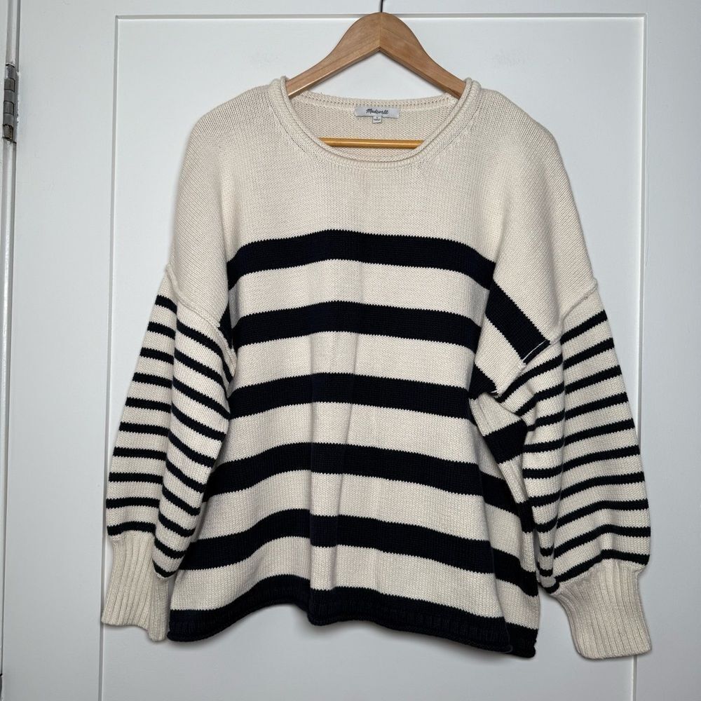 Madewell Sweater Womens Sz L White Black Striped Balloon Sleeve Nautical Casual